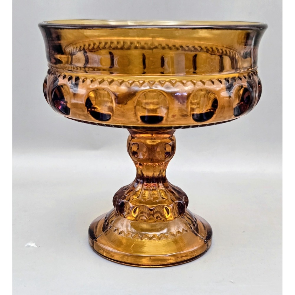 VTG 60's  Indiana Glass Amber Kings Crown Pedestal Thumbprint Candy Dish B#16